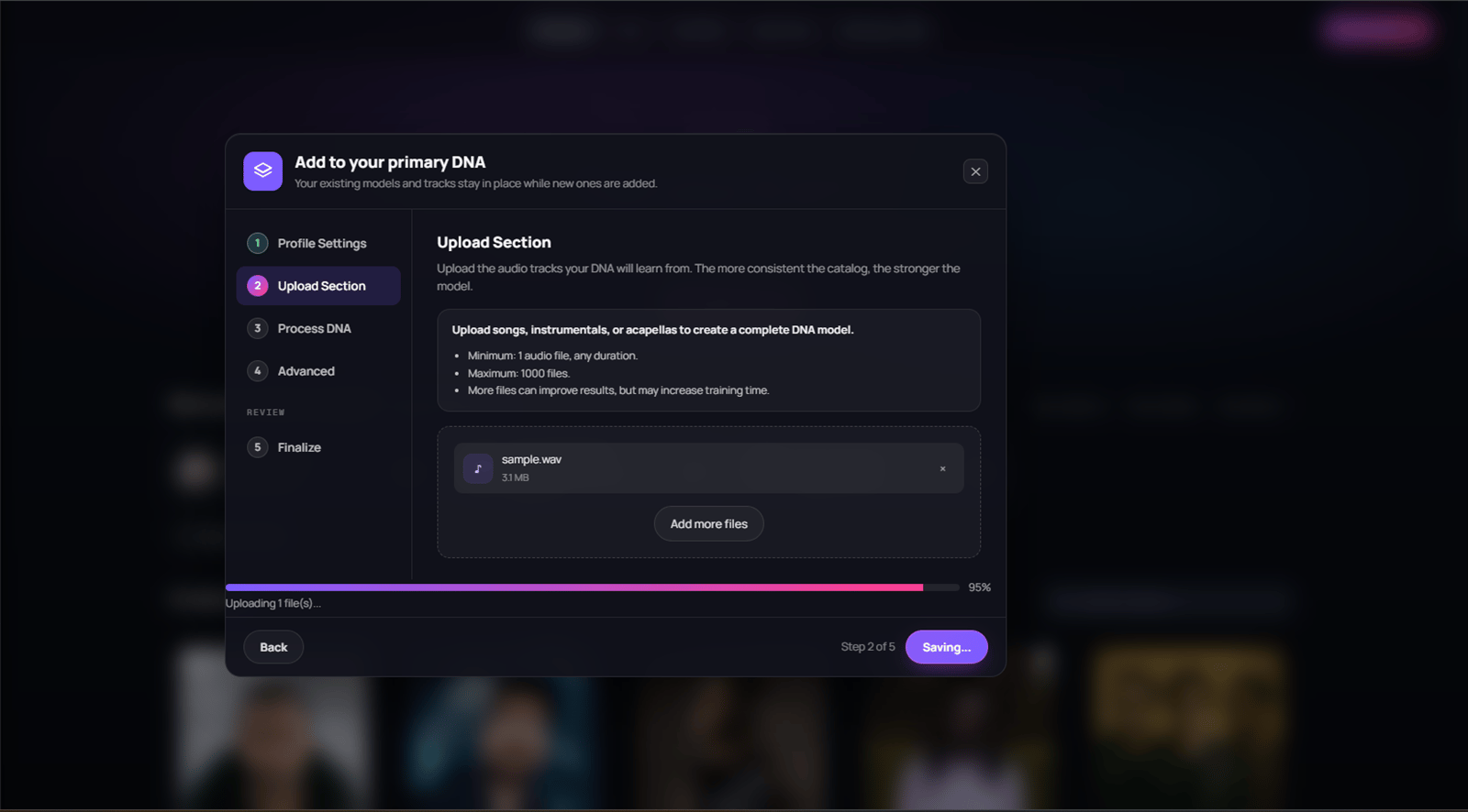 Full Production DNA upload progress for a selected audio file