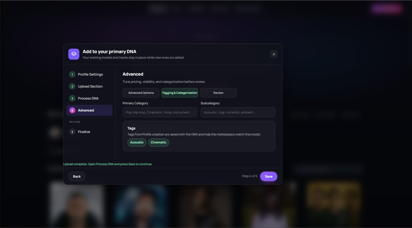 Full Production DNA Tagging and Categorization tab with category, subcategory, and tag fields