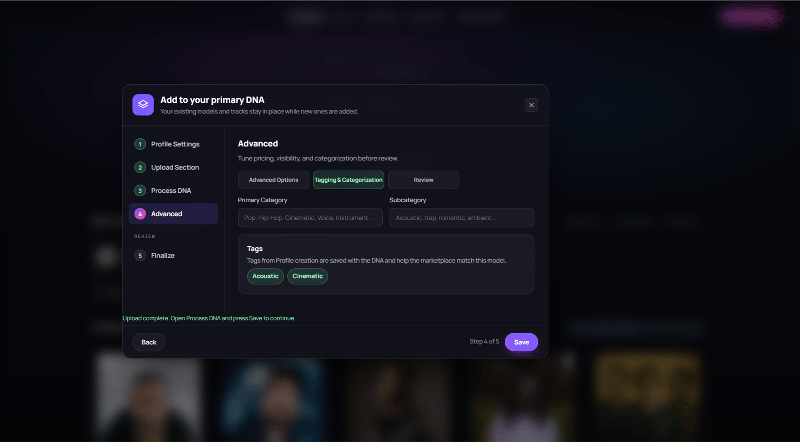 Full Production DNA Tagging and Categorization tab with category, subcategory, and tag fields