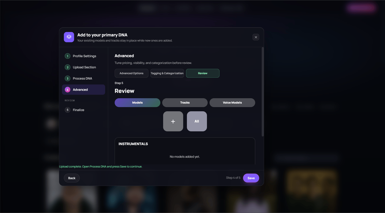 Full Production DNA Review tab with Models, Tracks, Voice Models, and review controls