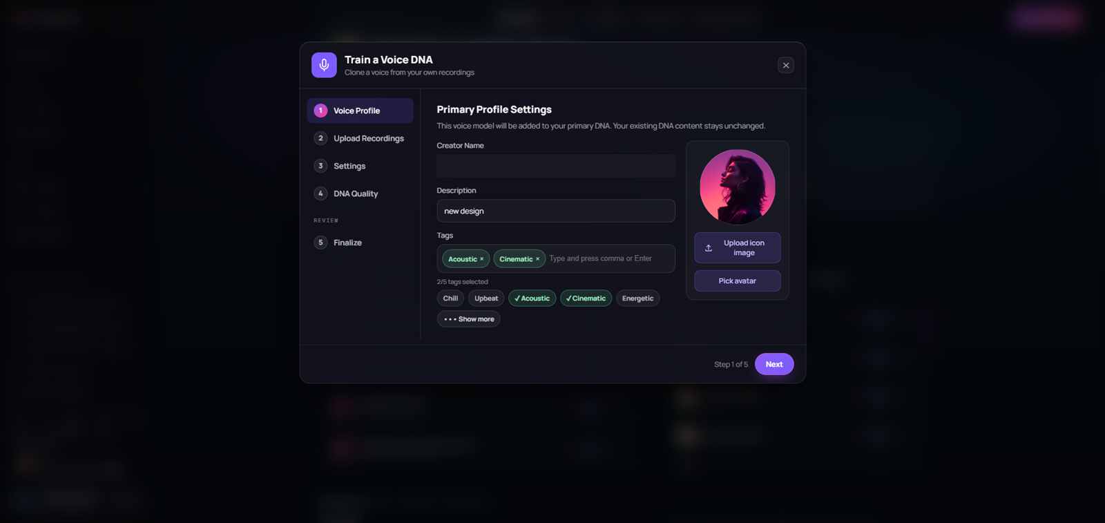 Voice DNA Voice Profile step with the five-step rail and profile fields