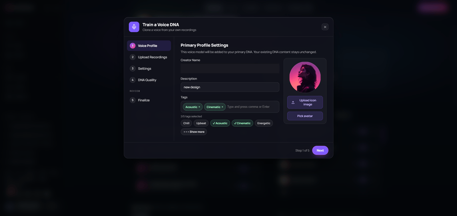 Voice DNA Voice Profile step with the five-step rail and profile fields