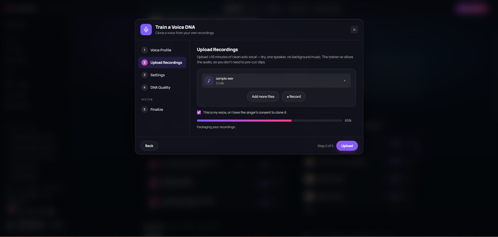 Voice DNA Upload Recordings step with a selected audio file, recording controls, consent confirmation, and upload progress