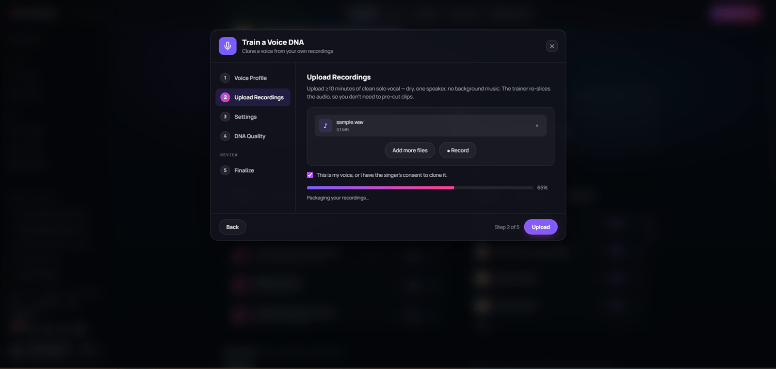 Voice DNA Upload Recordings step with a selected audio file, recording controls, consent confirmation, and upload progress
