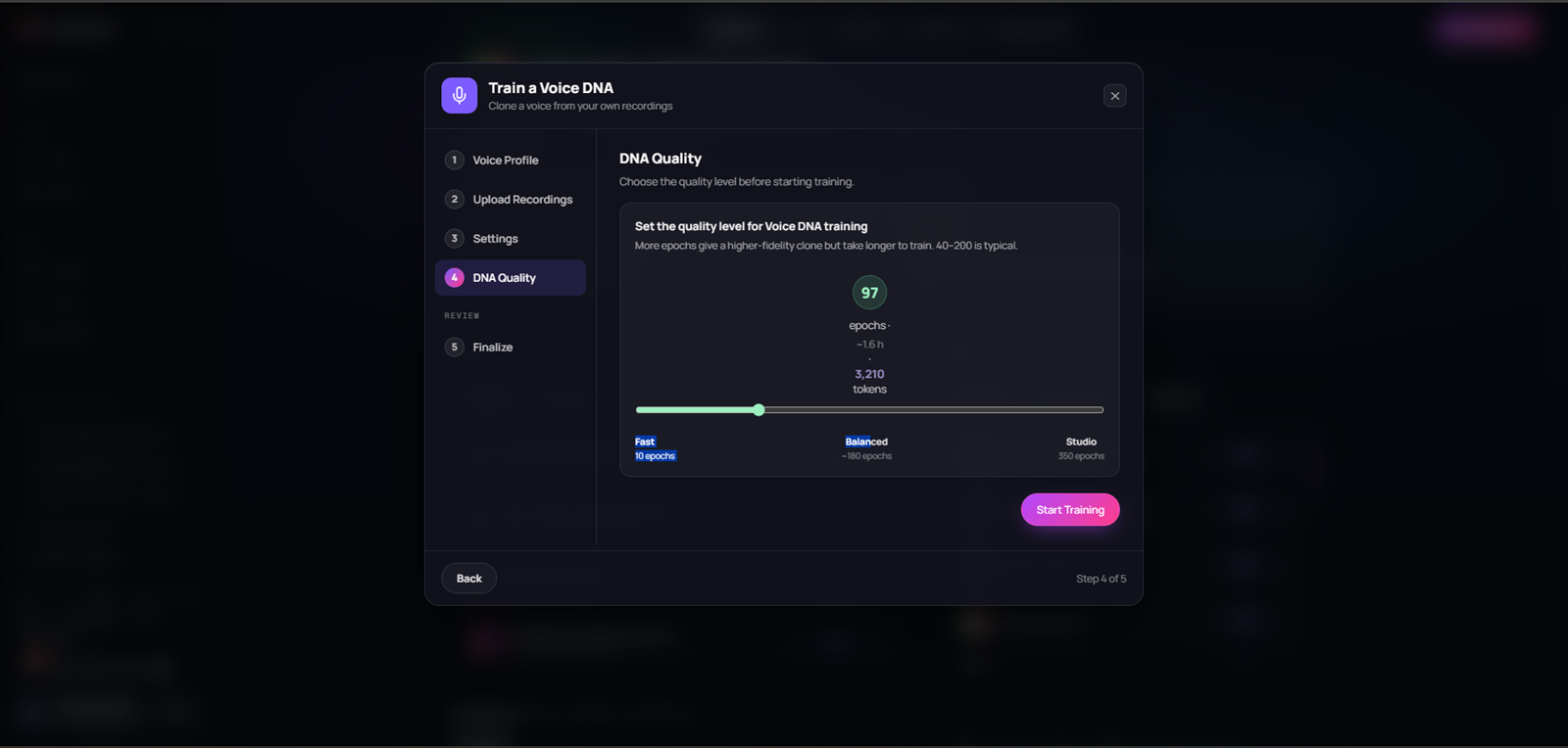 Voice DNA Quality step with the epochs slider, duration and token estimate, and Start Training button