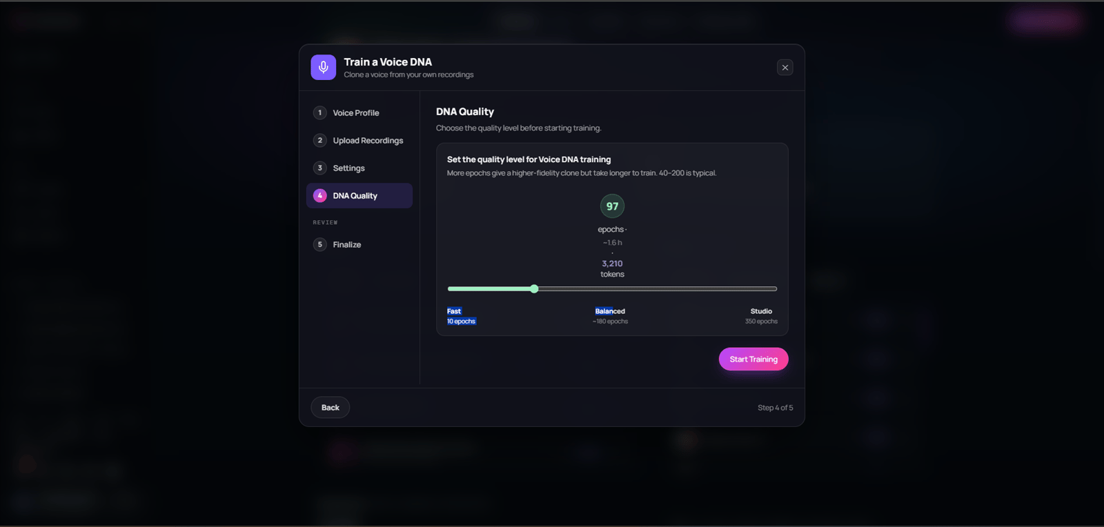 Voice DNA Quality step with the epochs slider, duration and token estimate, and Start Training button