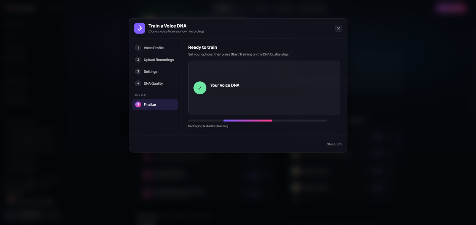 Voice DNA Finalize screen showing the Preparing training state