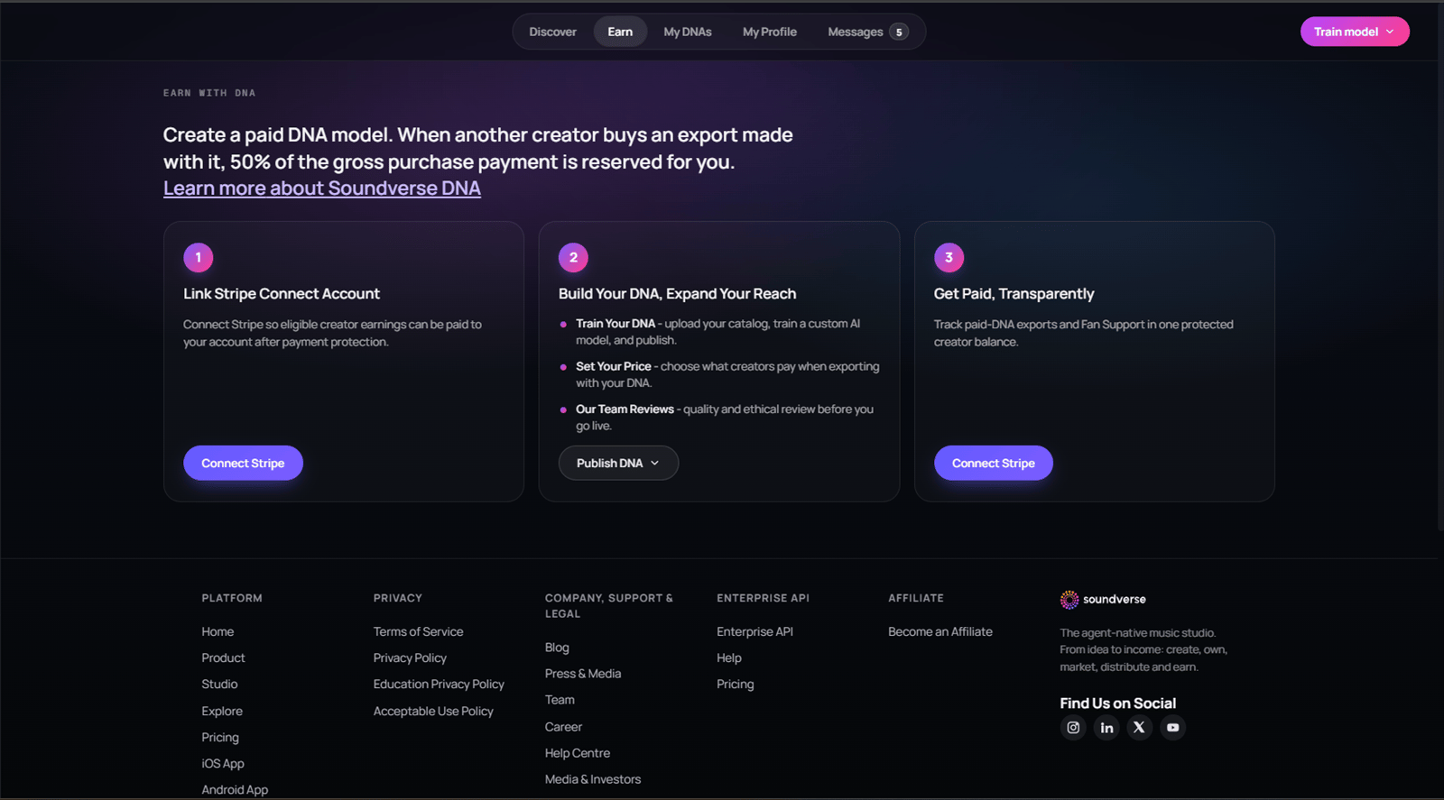 Soundverse Earn screen before Stripe Connect is linked, showing Connect Stripe actions