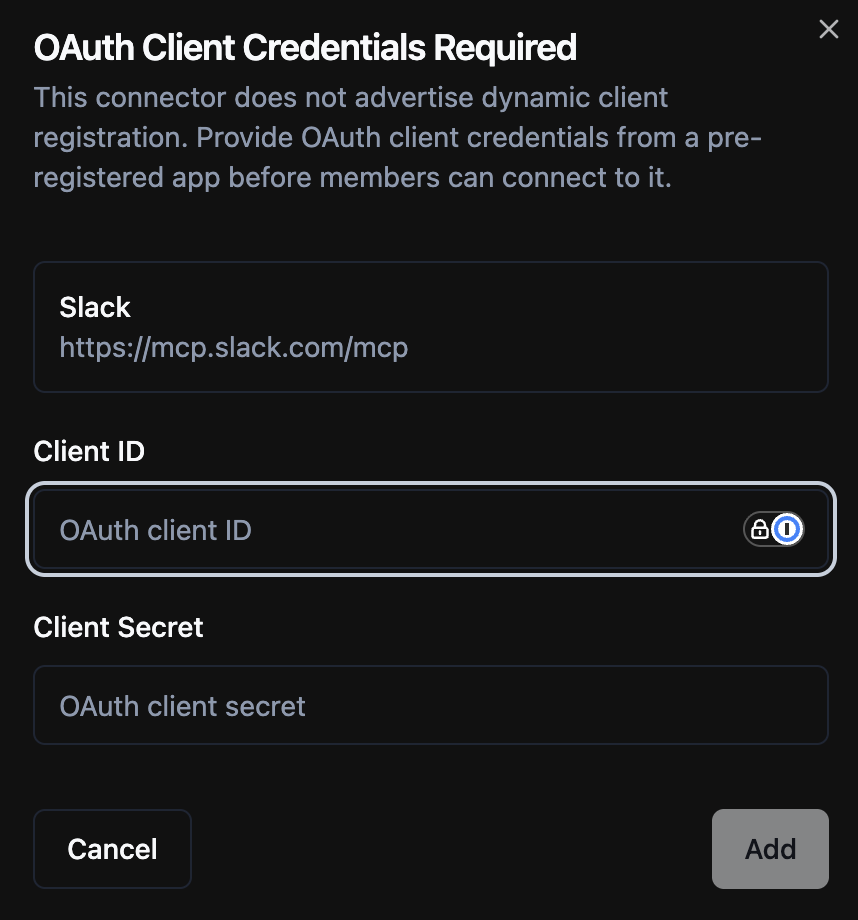 OAuth client credentials dialog for a Slack connector