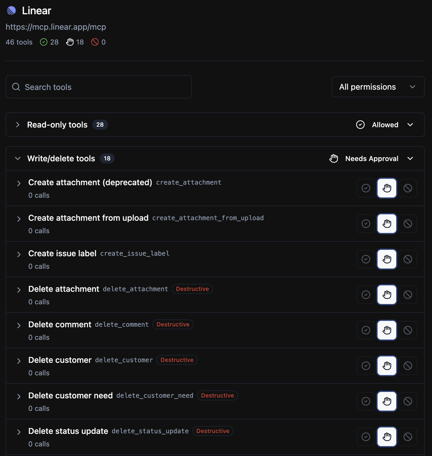 Tool permissions view