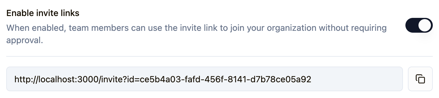 Enable invite links toggle in Settings → Access