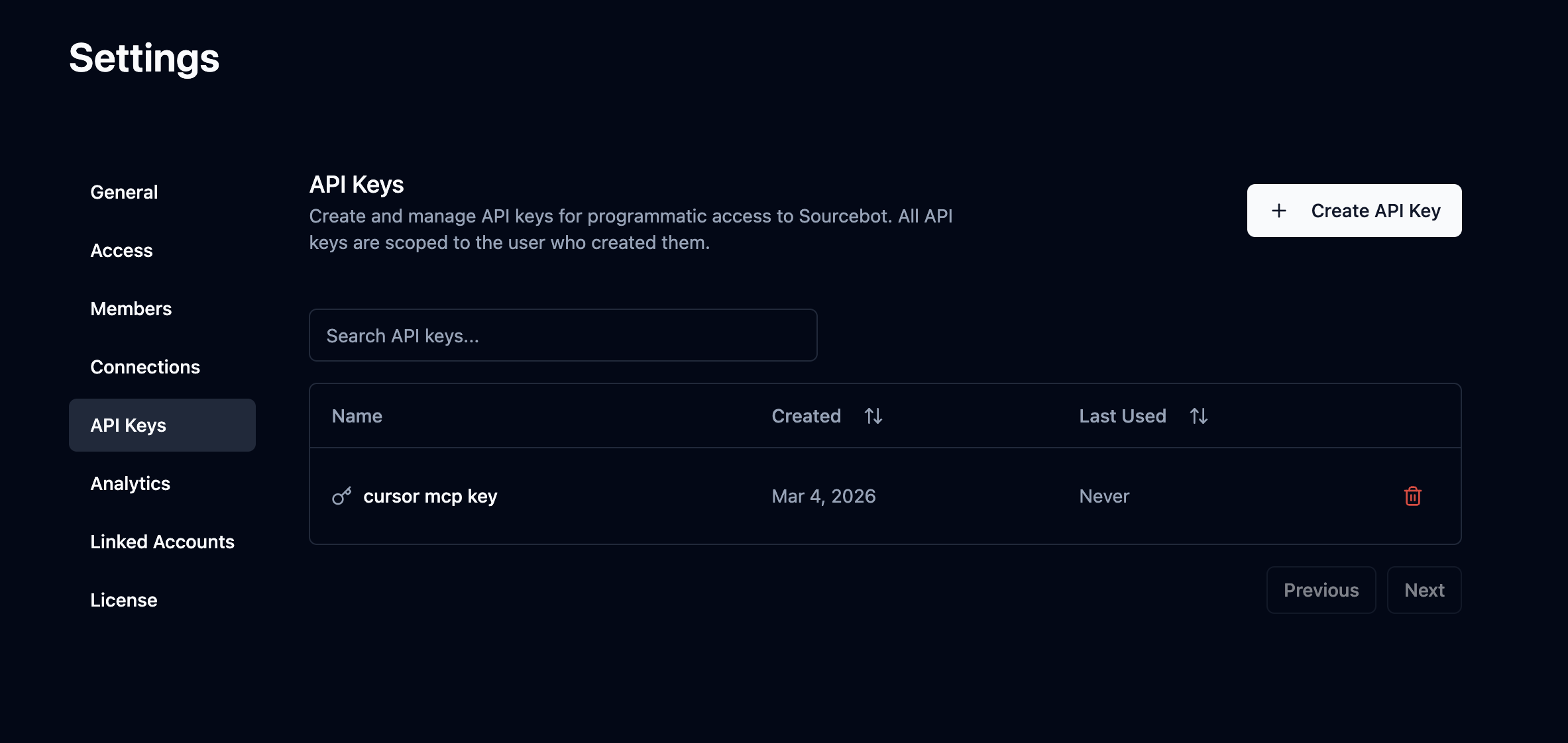 API Keys page in Sourcebot Settings