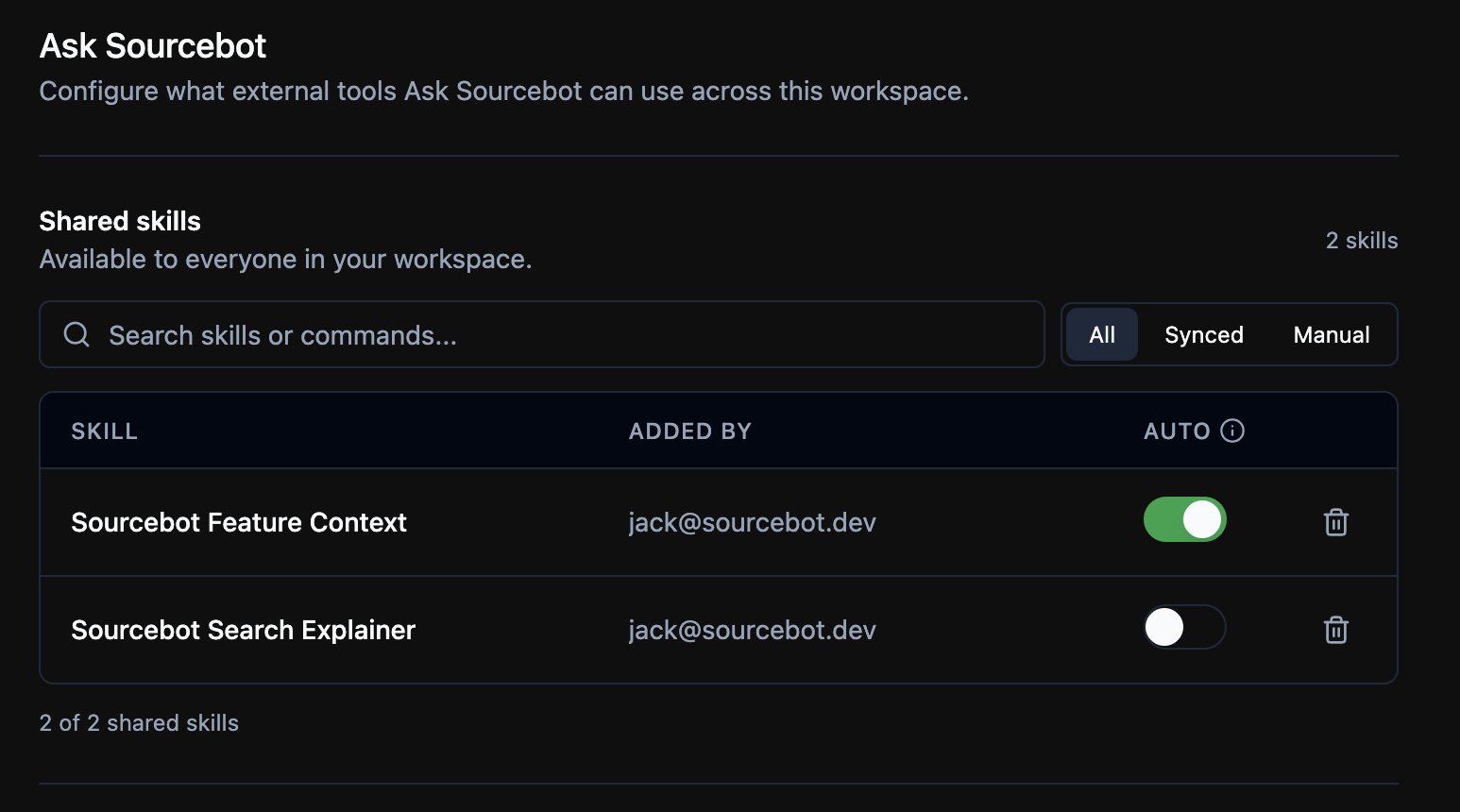 Workspace shared skills manager