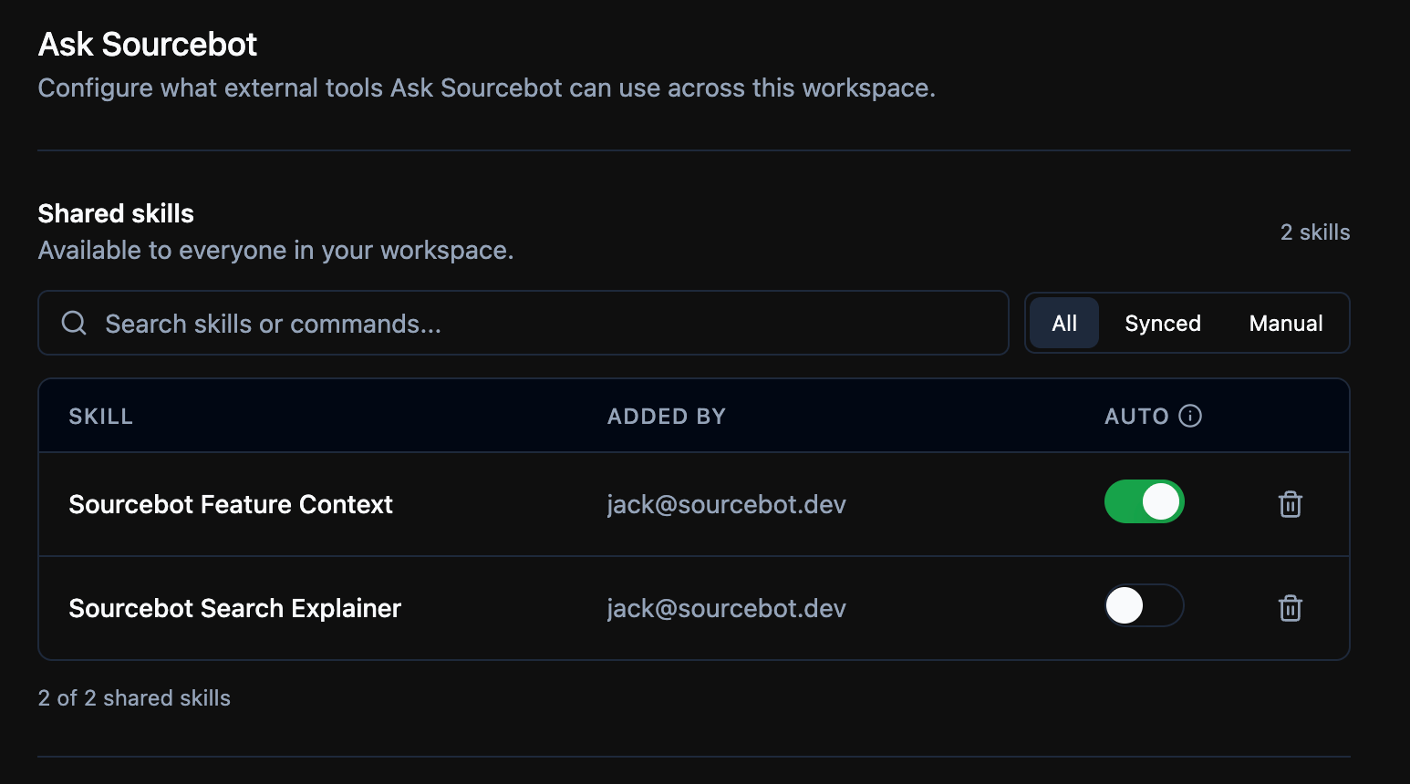Workspace shared skills manager