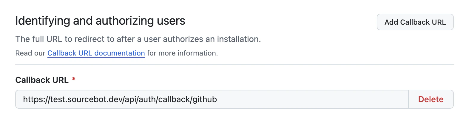 GitHub App callback URL configuration