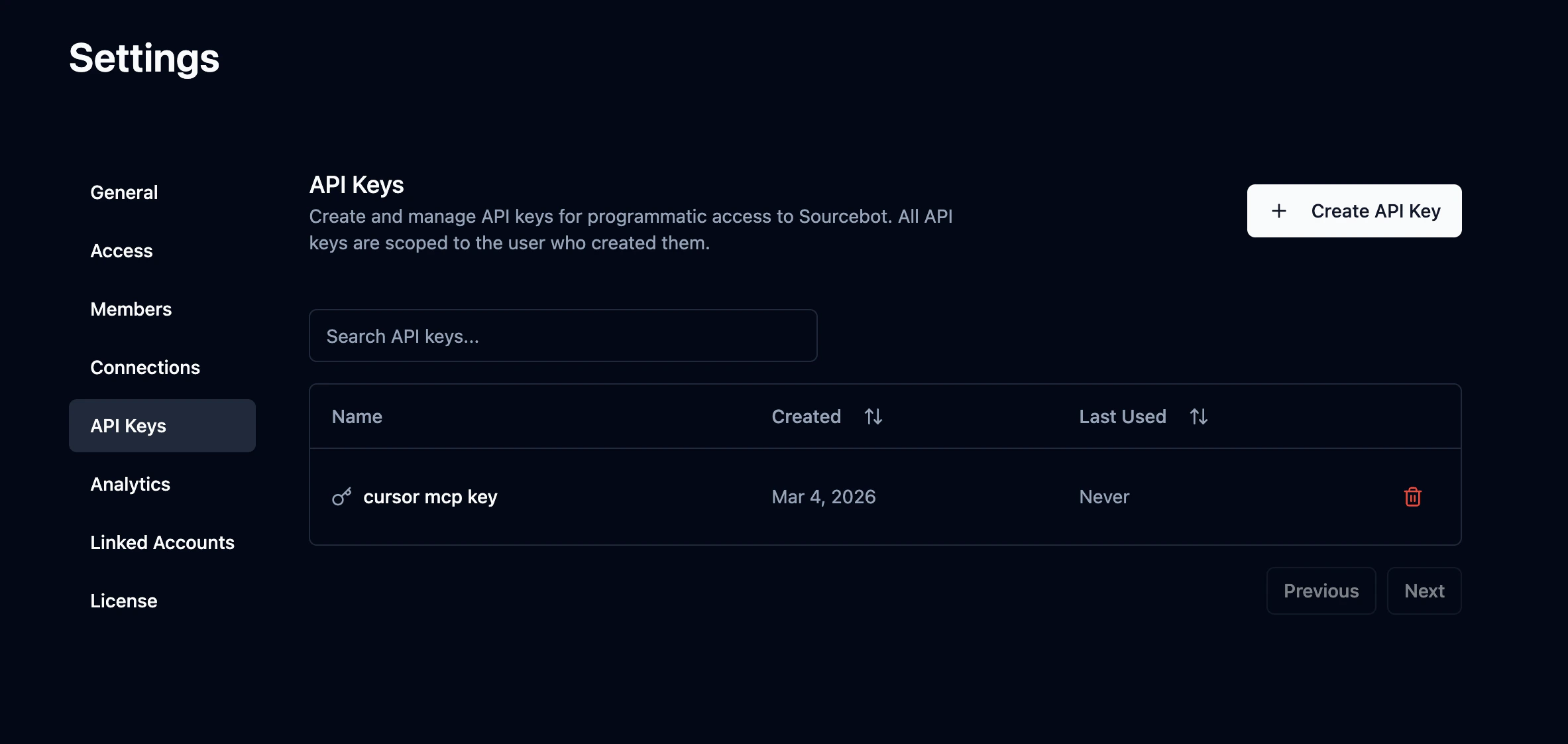 API Keys page in Sourcebot Settings