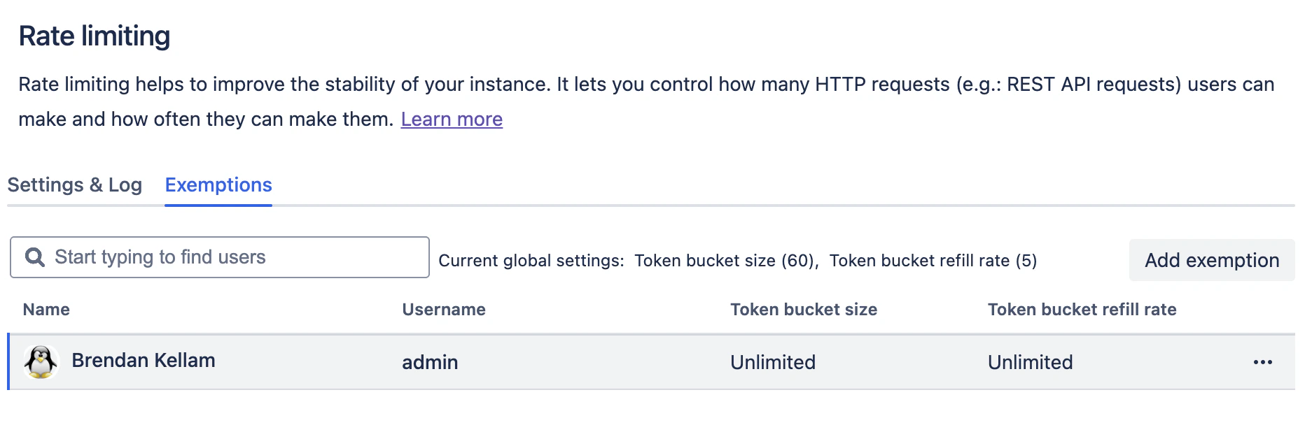 Bitbucket Data Center rate limiting exemptions tab showing a user with unlimited requests
