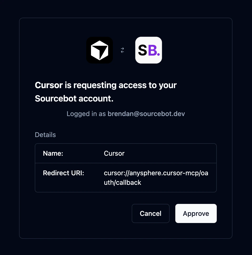 OAuth authorization prompt showing Cursor requesting access to a Sourcebot account