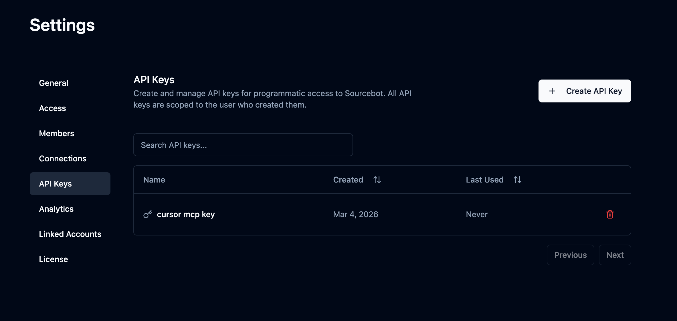 API Keys page in Sourcebot Settings