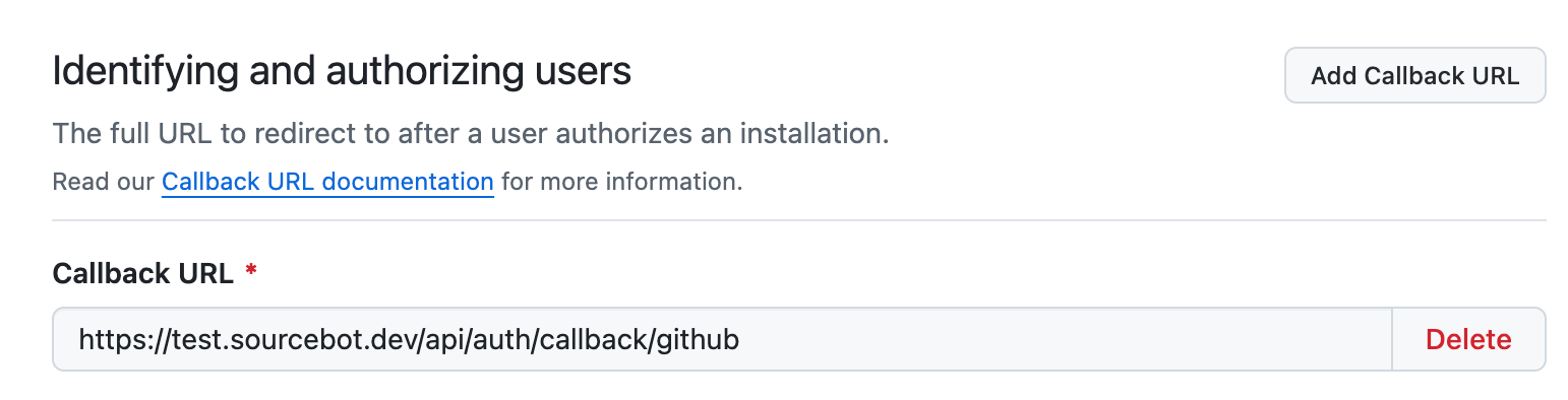 GitHub App callback URL configuration