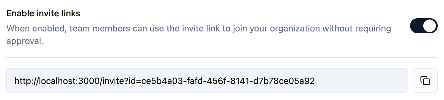 Enable invite links toggle in Settings → Access