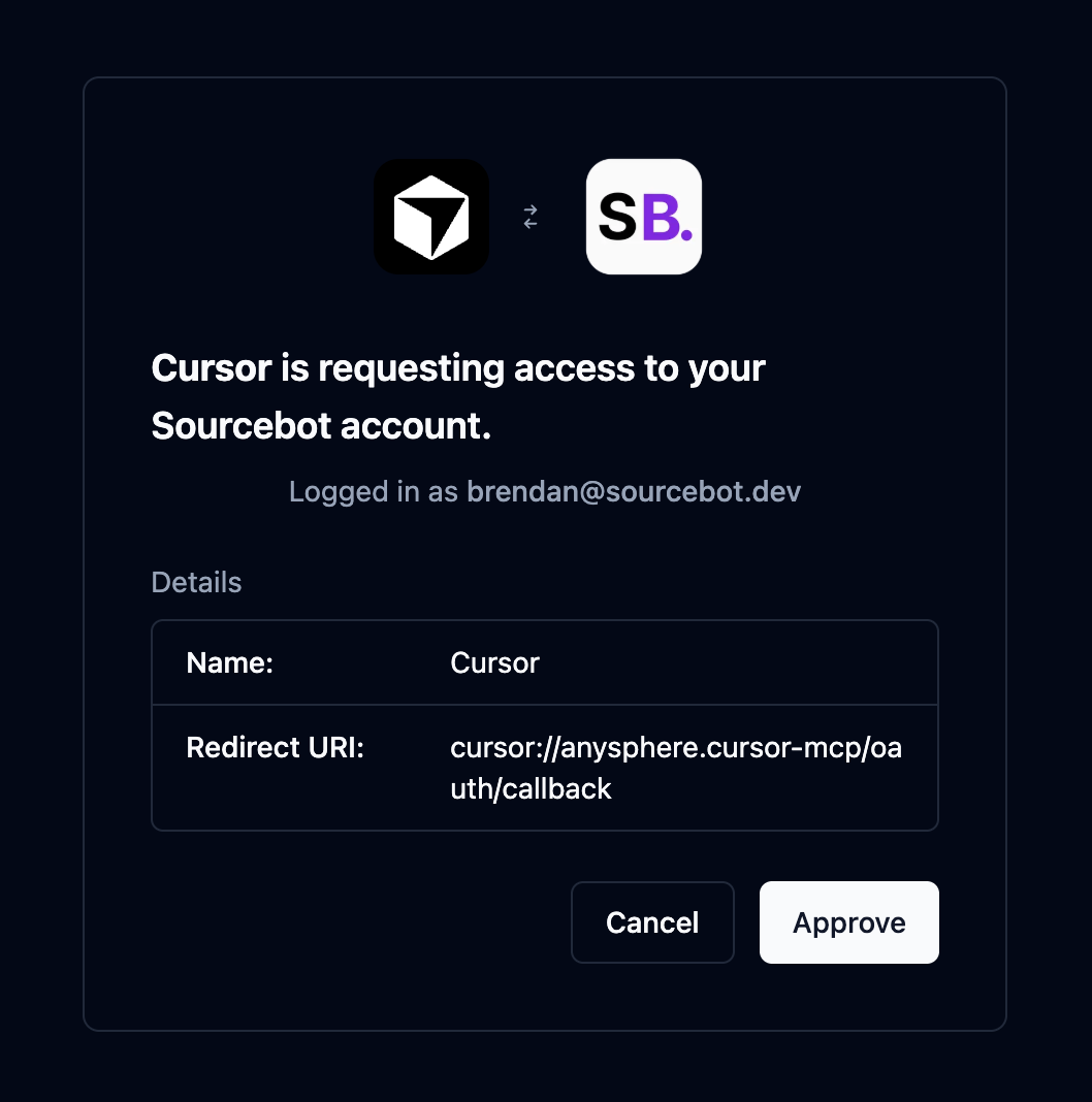 OAuth authorization prompt showing Cursor requesting access to a Sourcebot account