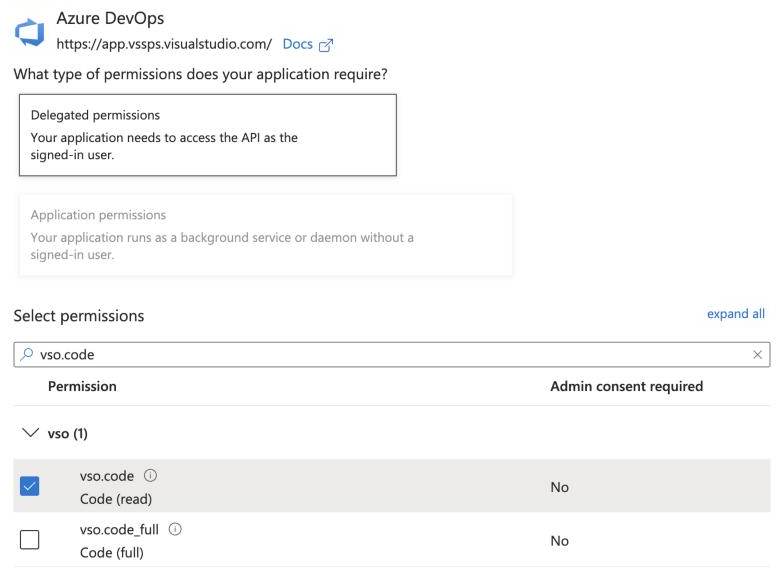 Azure DevOps delegated vso.code permission selected in Microsoft Entra