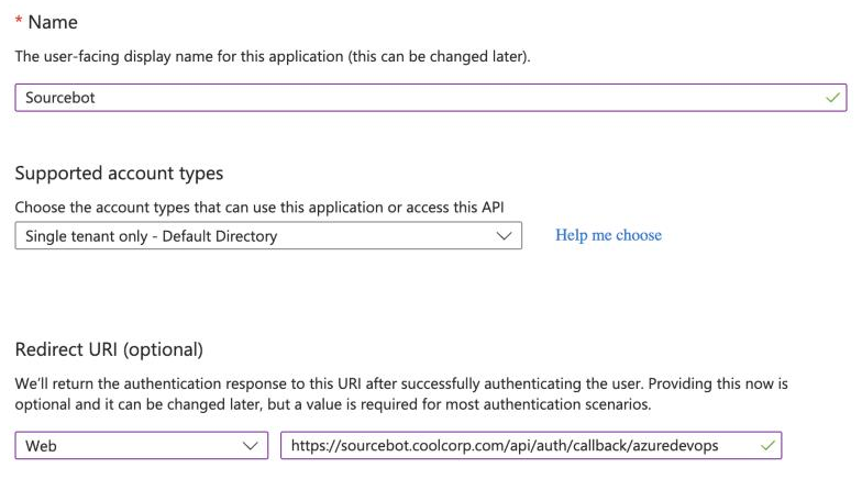 Microsoft Entra app registration with single tenant account type and Web redirect URI