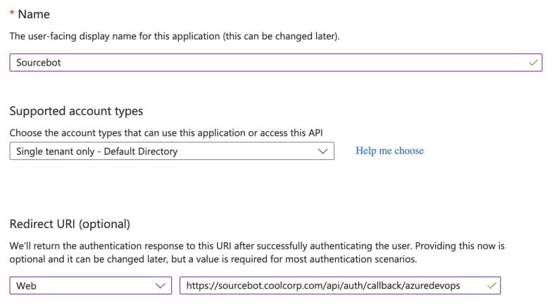 Microsoft Entra app registration with single tenant account type and Web redirect URI