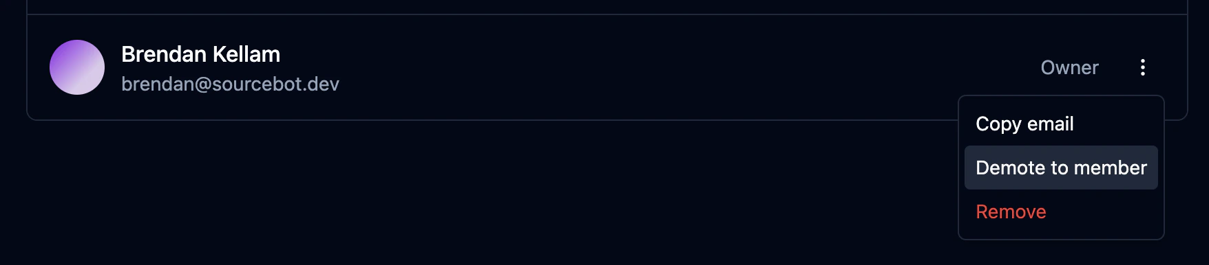 Dropdown menu showing Demote to member option for an owner