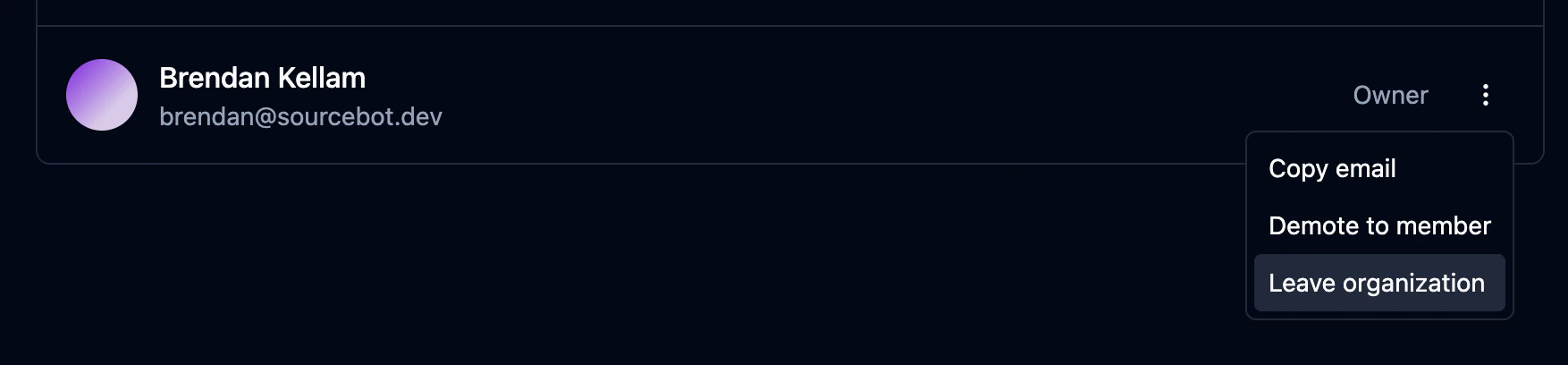 Dropdown menu showing Leave organization option for an owner