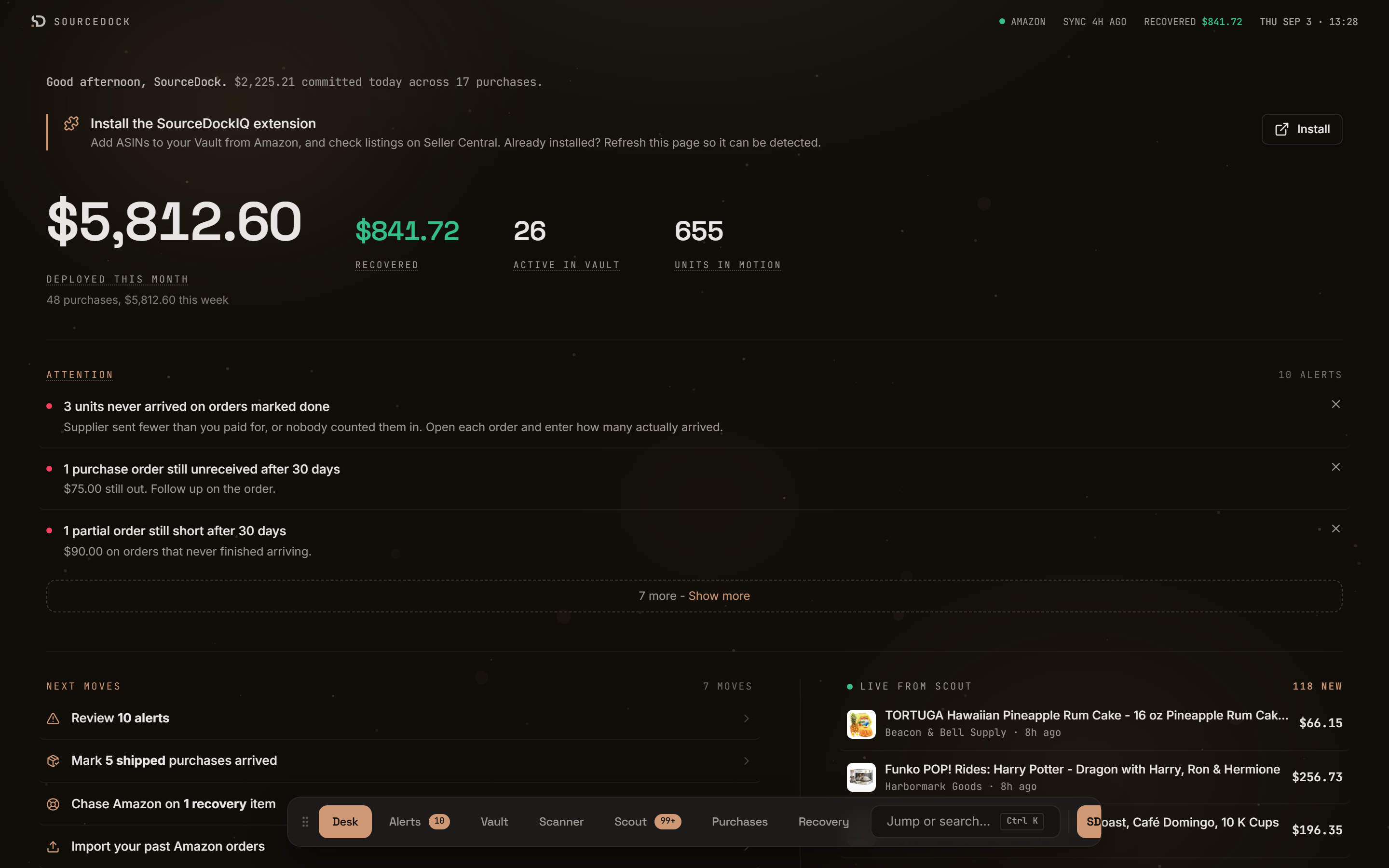 The Command desk with the figures row, the Attention list, Next moves, and the Live from Scout feed