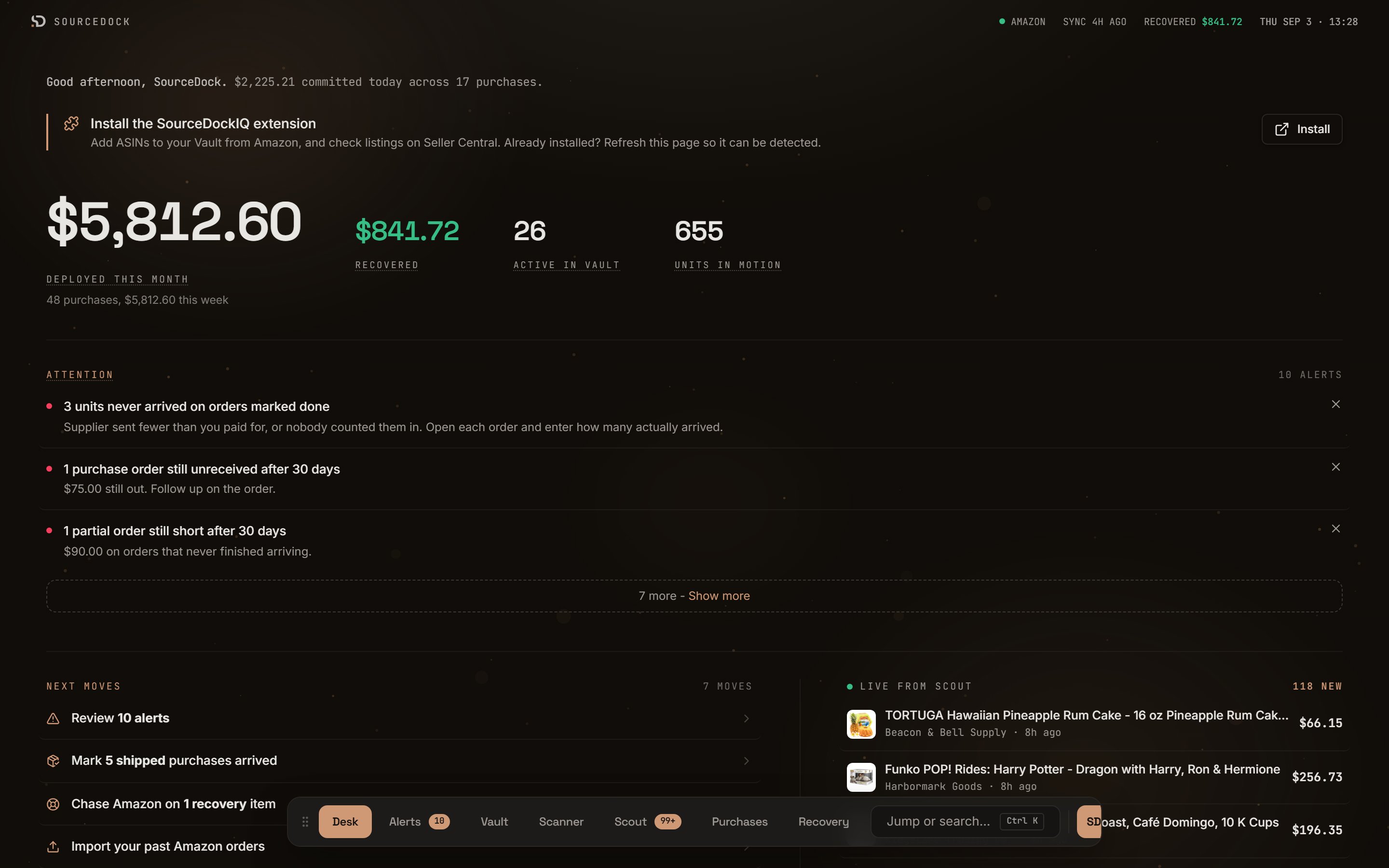 The Command desk with the figures row, the Attention list, Next moves, and the Live from Scout feed