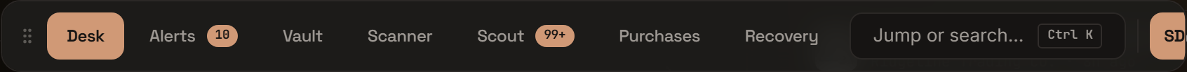 The command deck bar with page pills, count badges, the Jump or search field, and the avatar