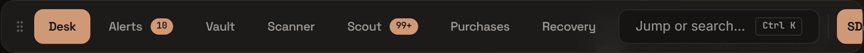The command deck bar with page pills, count badges, the Jump or search field, and the avatar