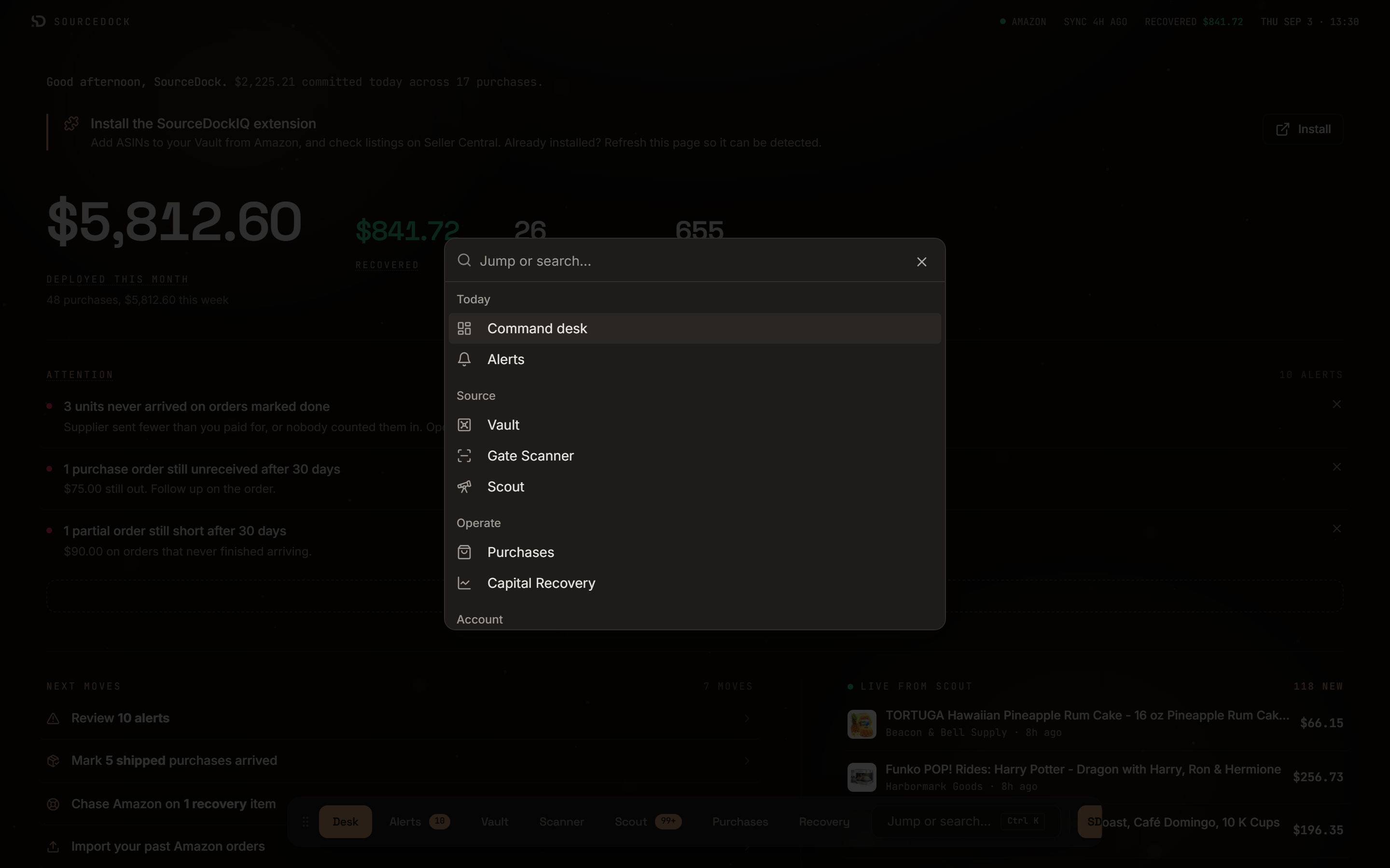 The Jump or search palette showing pages grouped under Today, Source, Operate, and Account