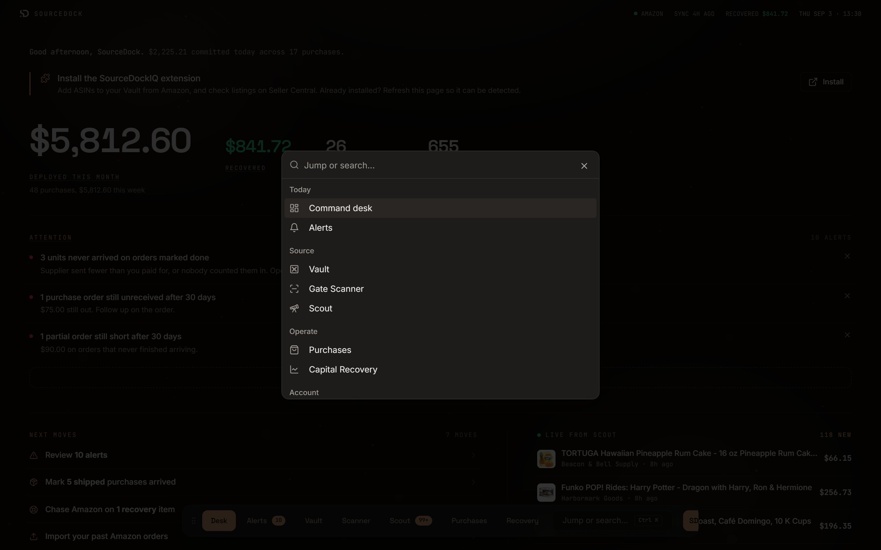The Jump or search palette showing pages grouped under Today, Source, Operate, and Account