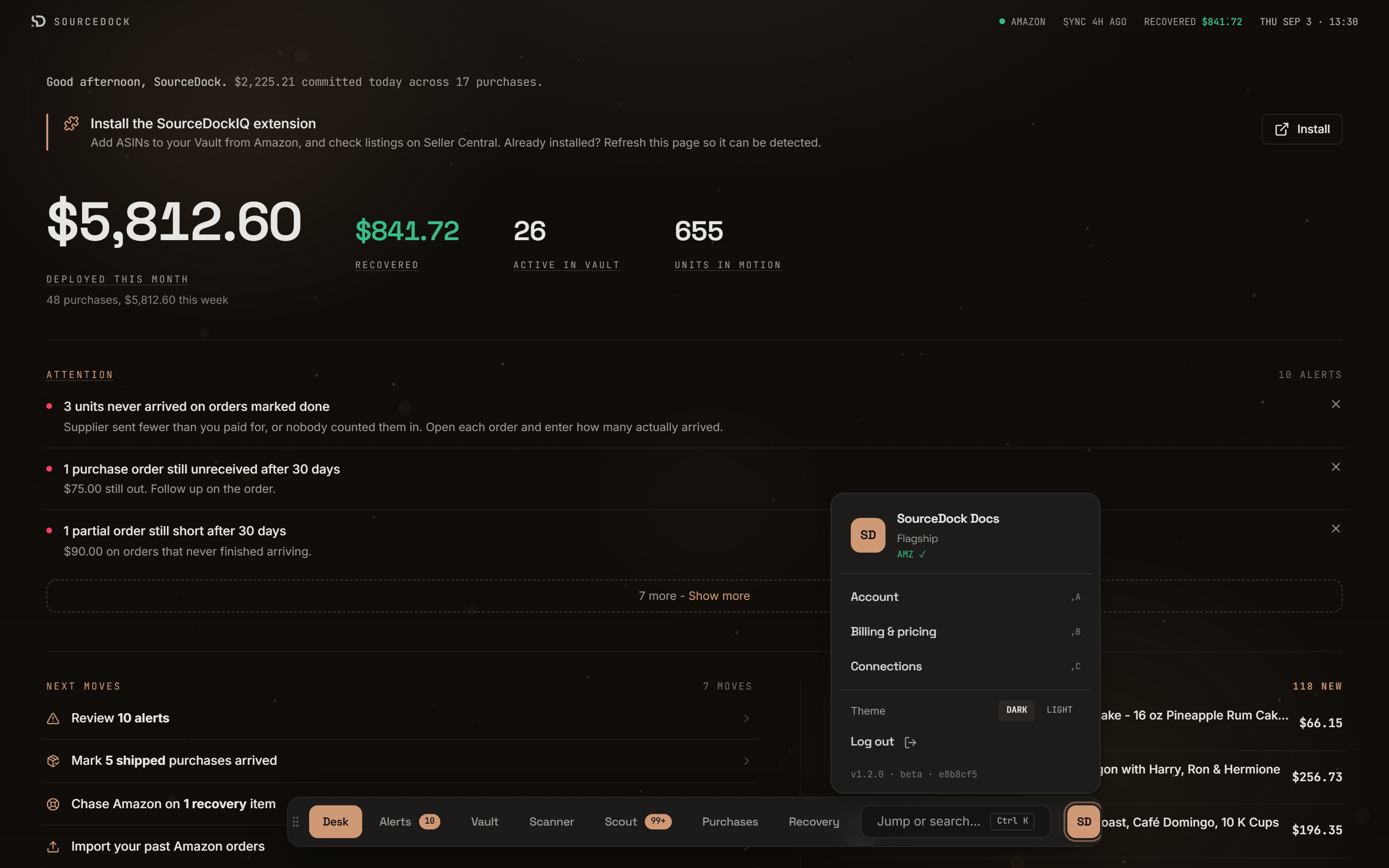 The officer panel with your name, plan, Amazon status, account links, theme buttons, and Log out