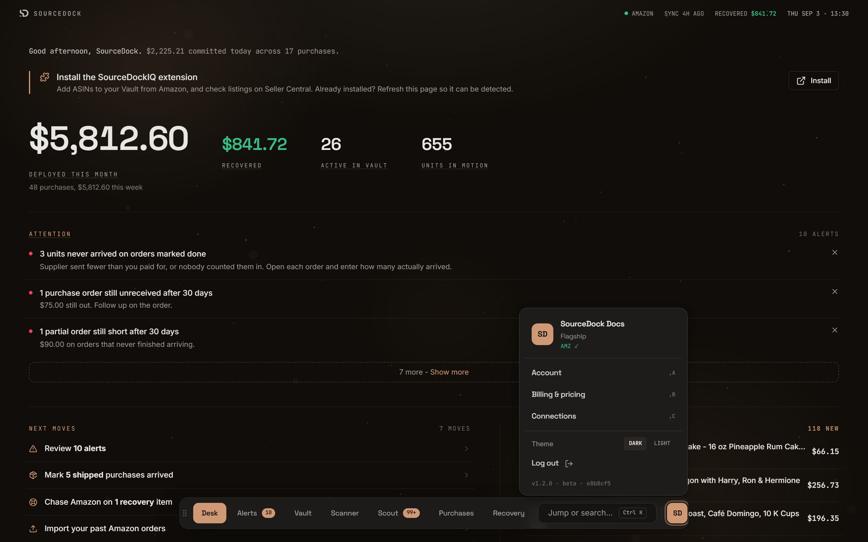 The officer panel with your name, plan, Amazon status, account links, theme buttons, and Log out