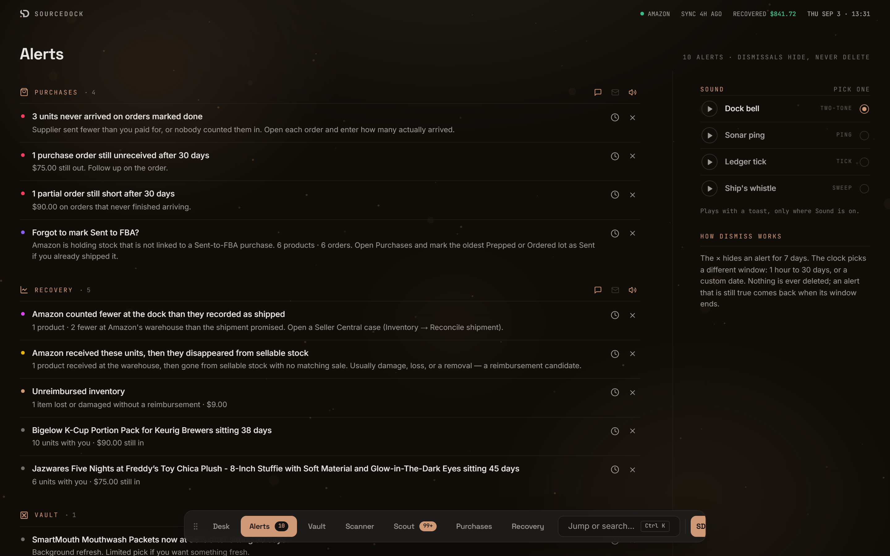 The Alerts page with alerts grouped under Purchases, Recovery, and Vault, and the Sound picker on the right