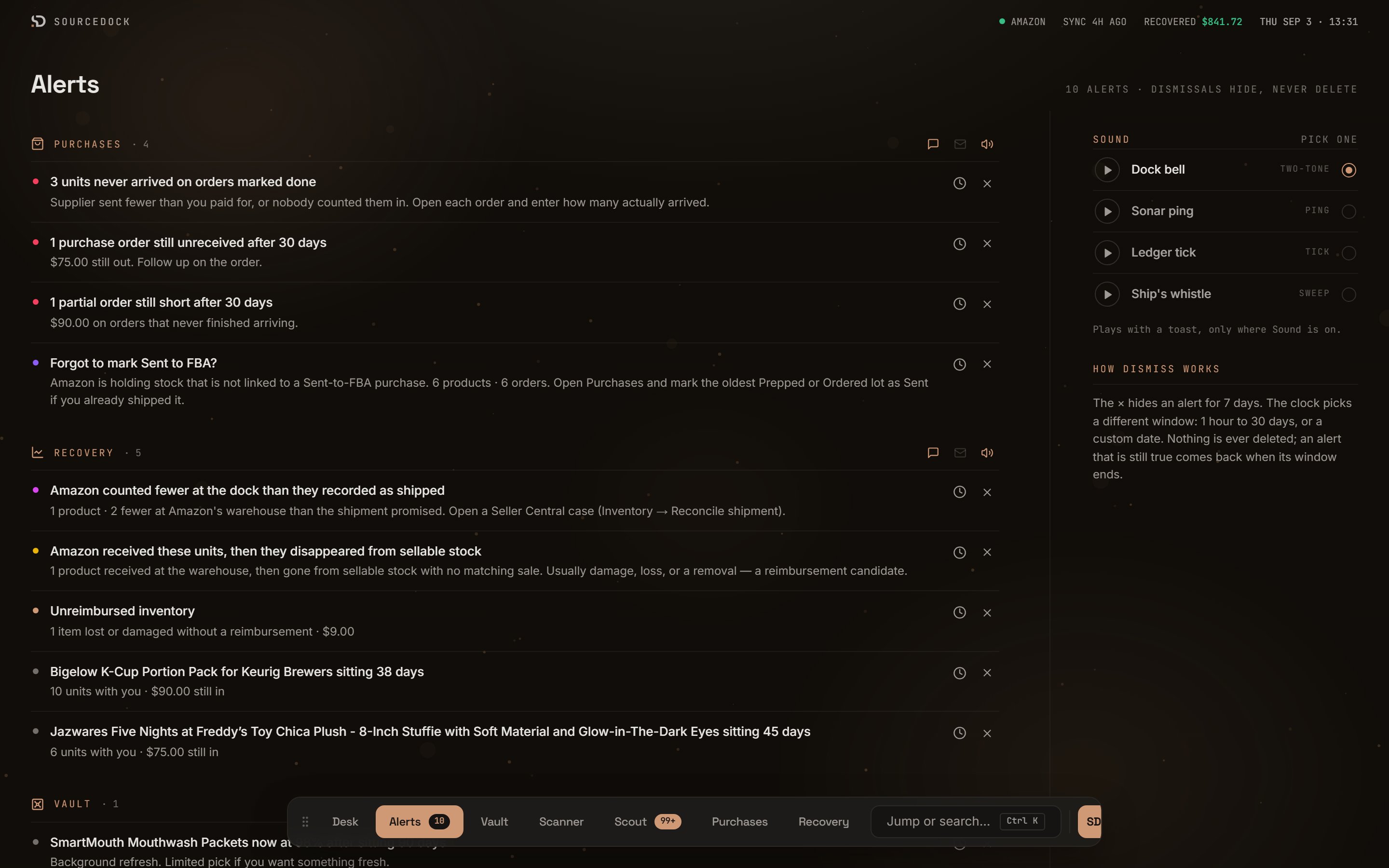 The Alerts page with alerts grouped under Purchases, Recovery, and Vault, and the Sound picker on the right