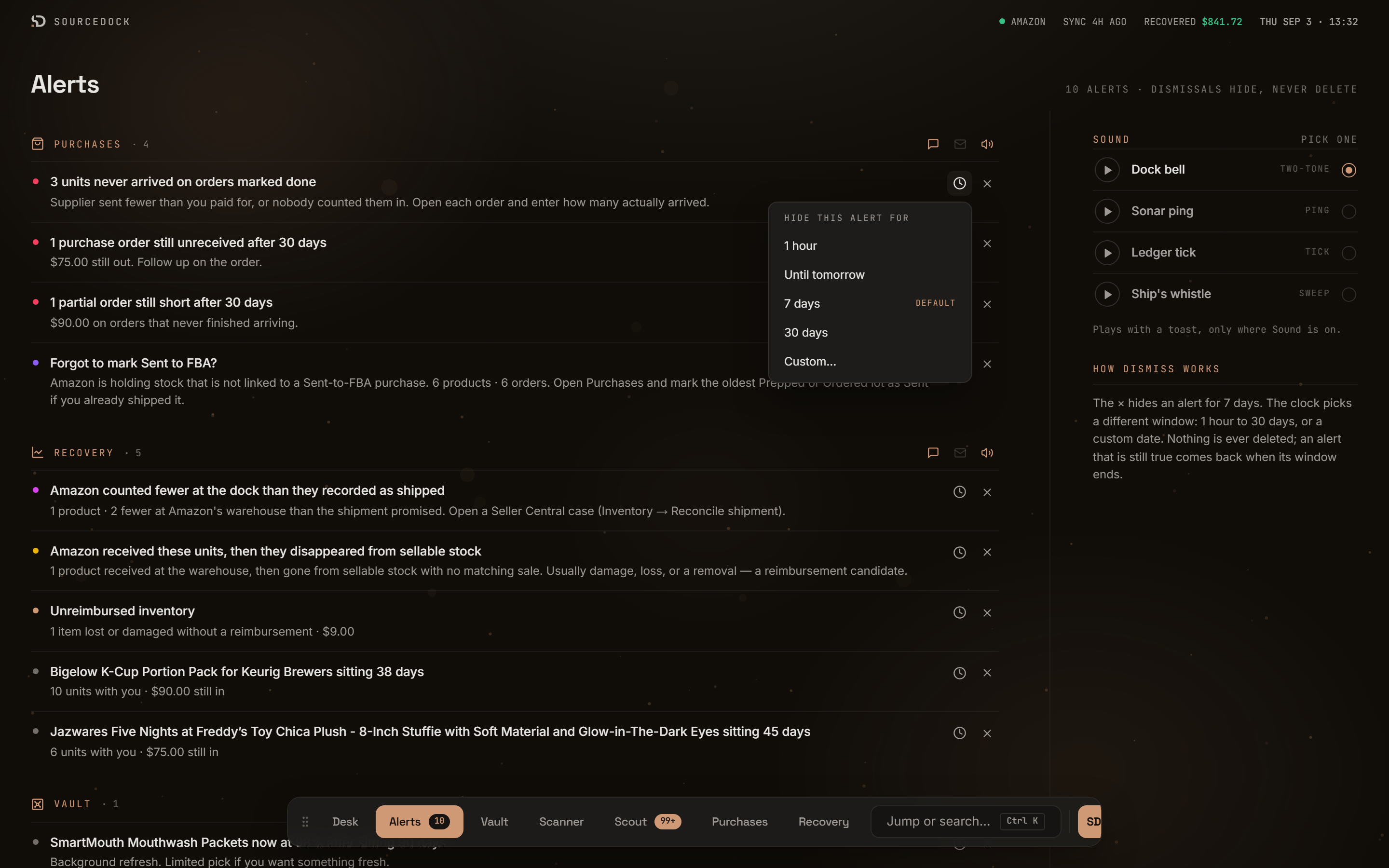 The Hide this alert for menu with 1 hour, Until tomorrow, 7 days, 30 days, and Custom options