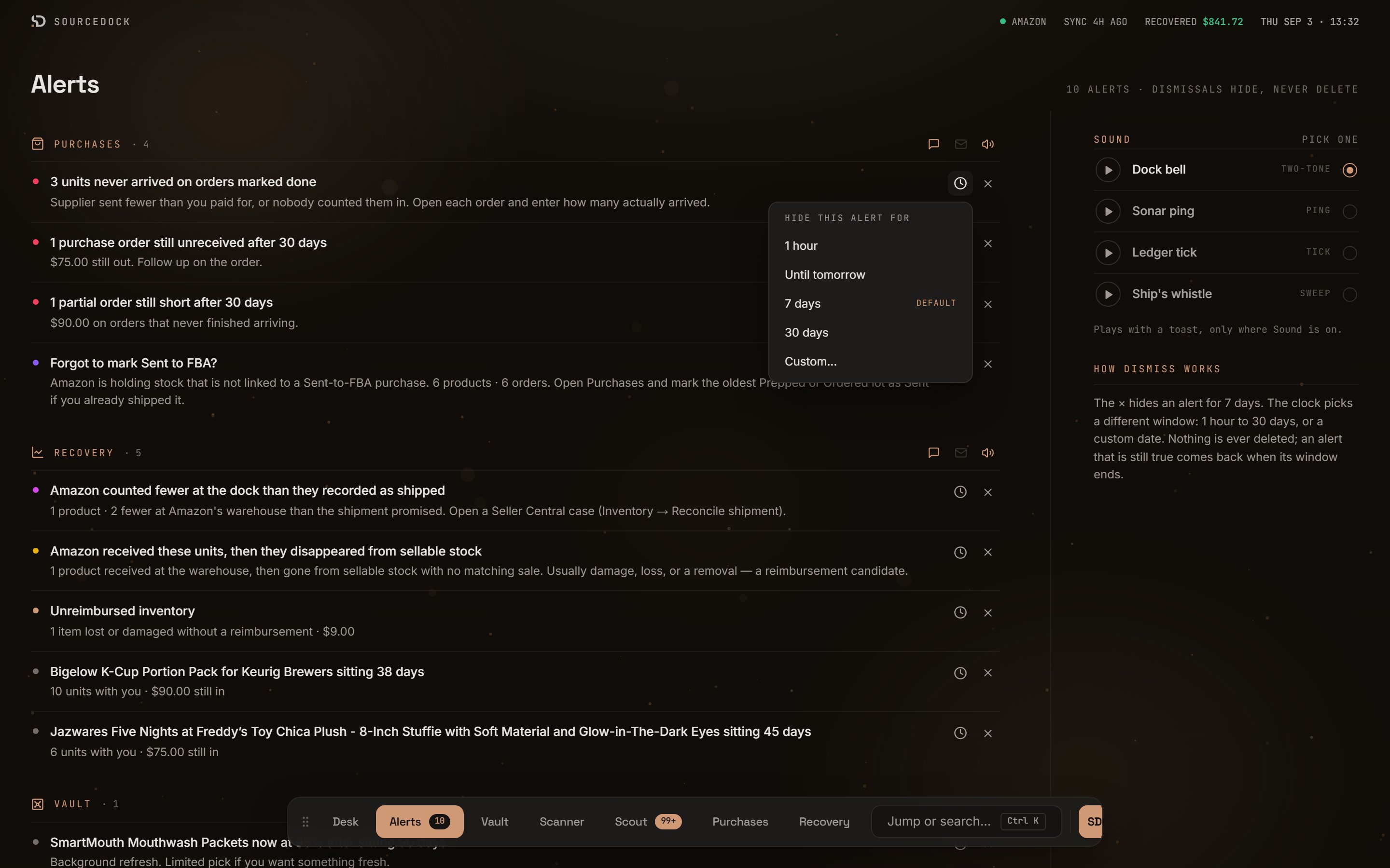 The Hide this alert for menu with 1 hour, Until tomorrow, 7 days, 30 days, and Custom options