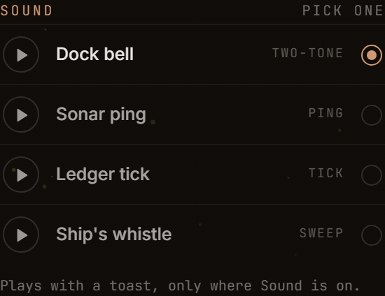 The Sound picker with Dock bell, Sonar ping, Ledger tick, and Ship's whistle