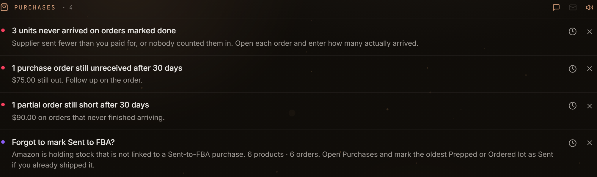 The Purchases alert group with its channel toggles and four alert rows