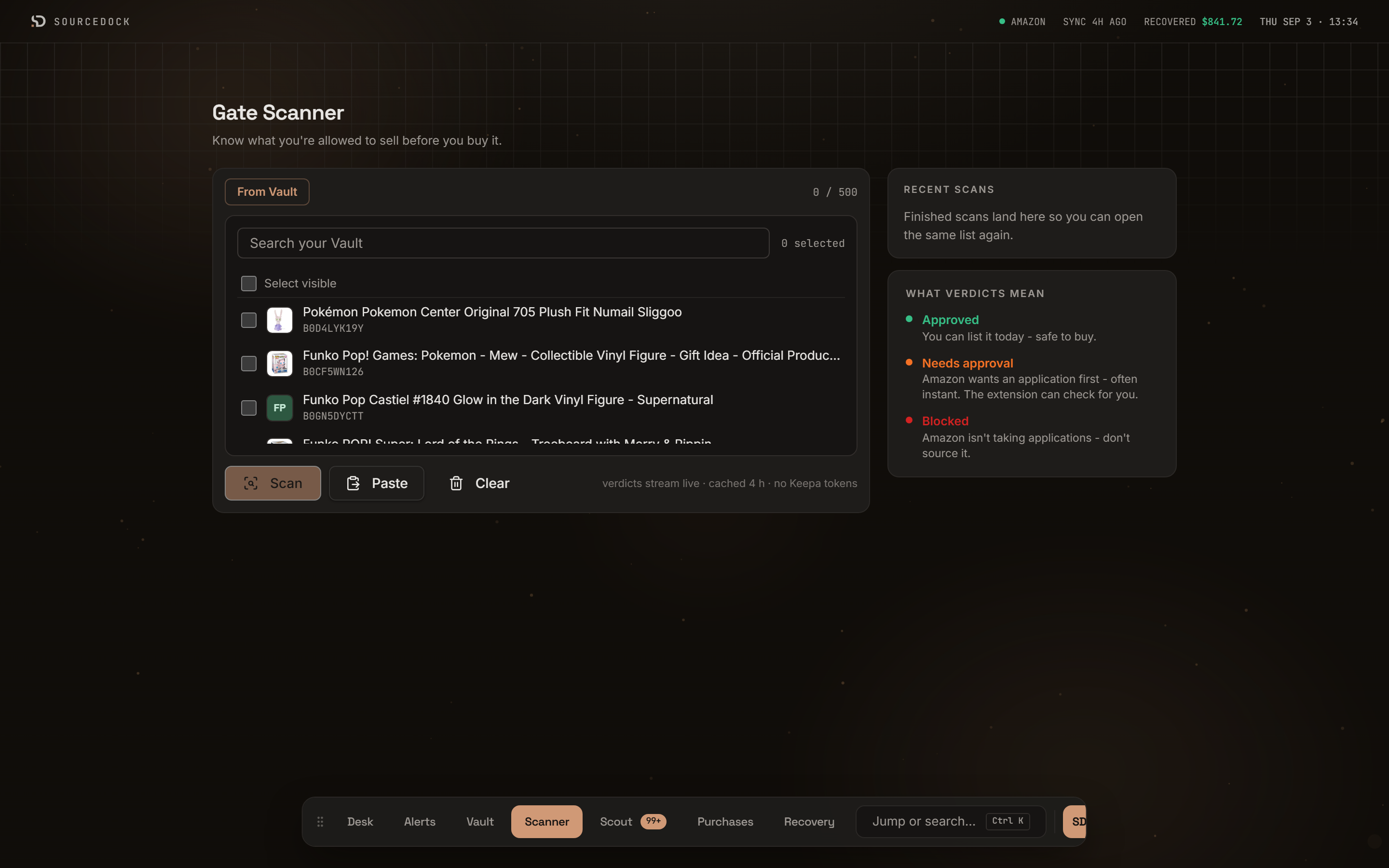 Gate Scanner with the From Vault panel open, showing a search box and a list of prospects with checkboxes