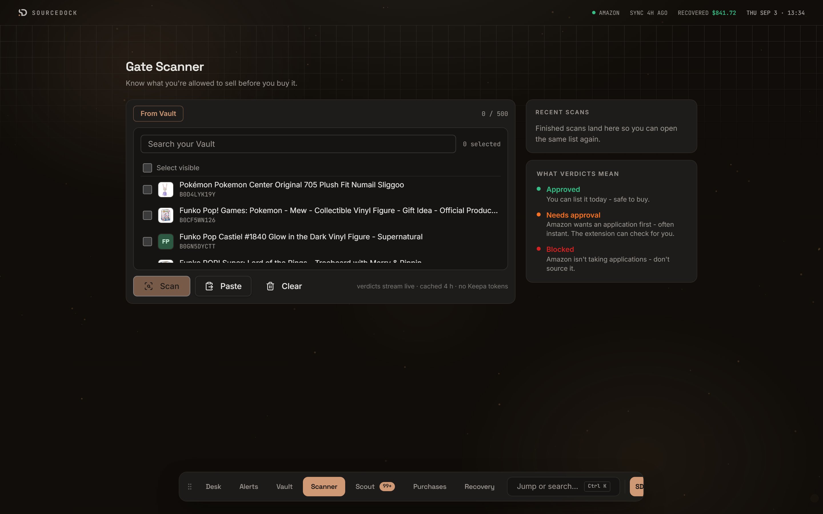 Gate Scanner with the From Vault panel open, showing a search box and a list of prospects with checkboxes
