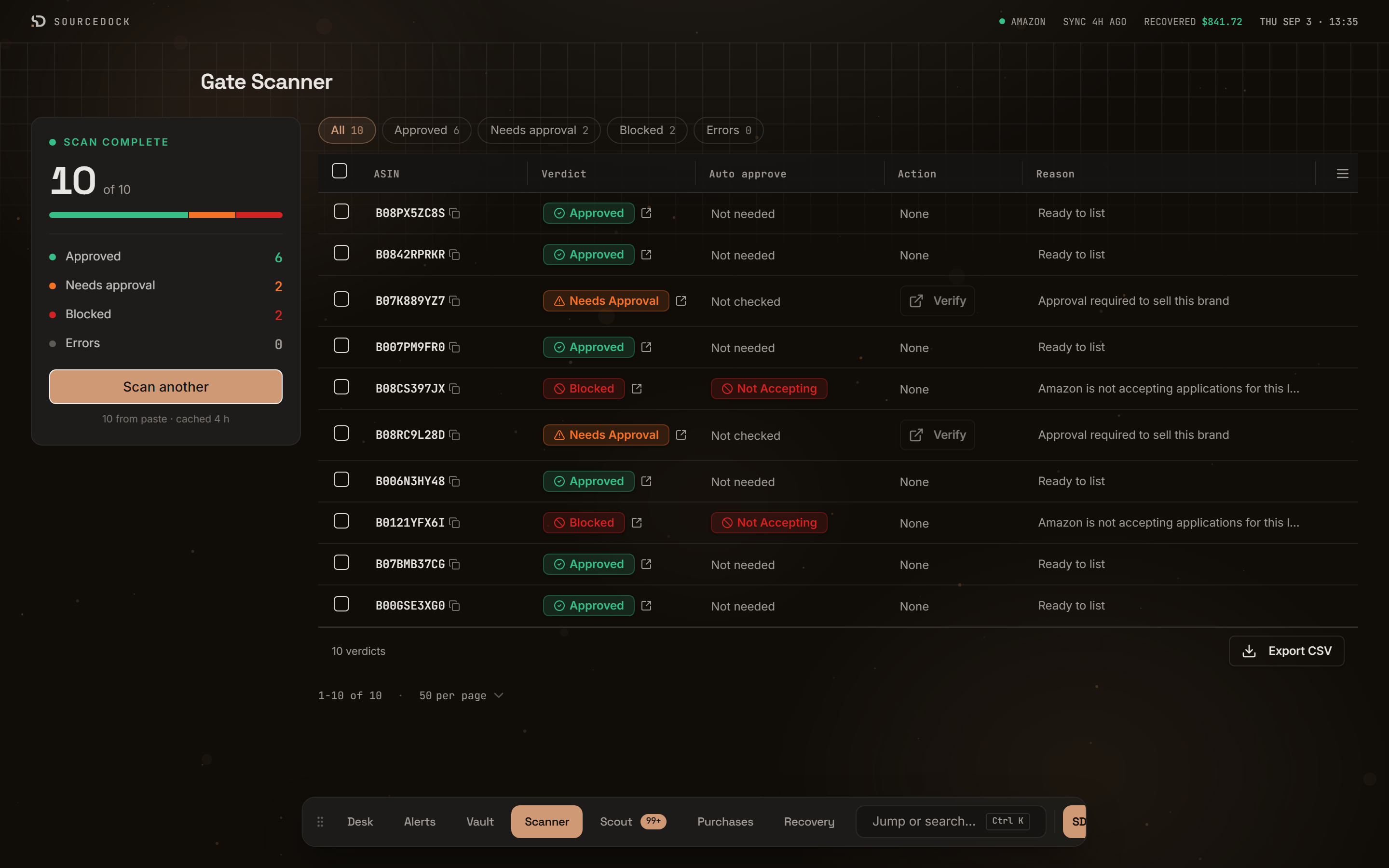 Gate Scanner results with filter chips for All, Approved, Needs approval, Blocked, and Errors above a table