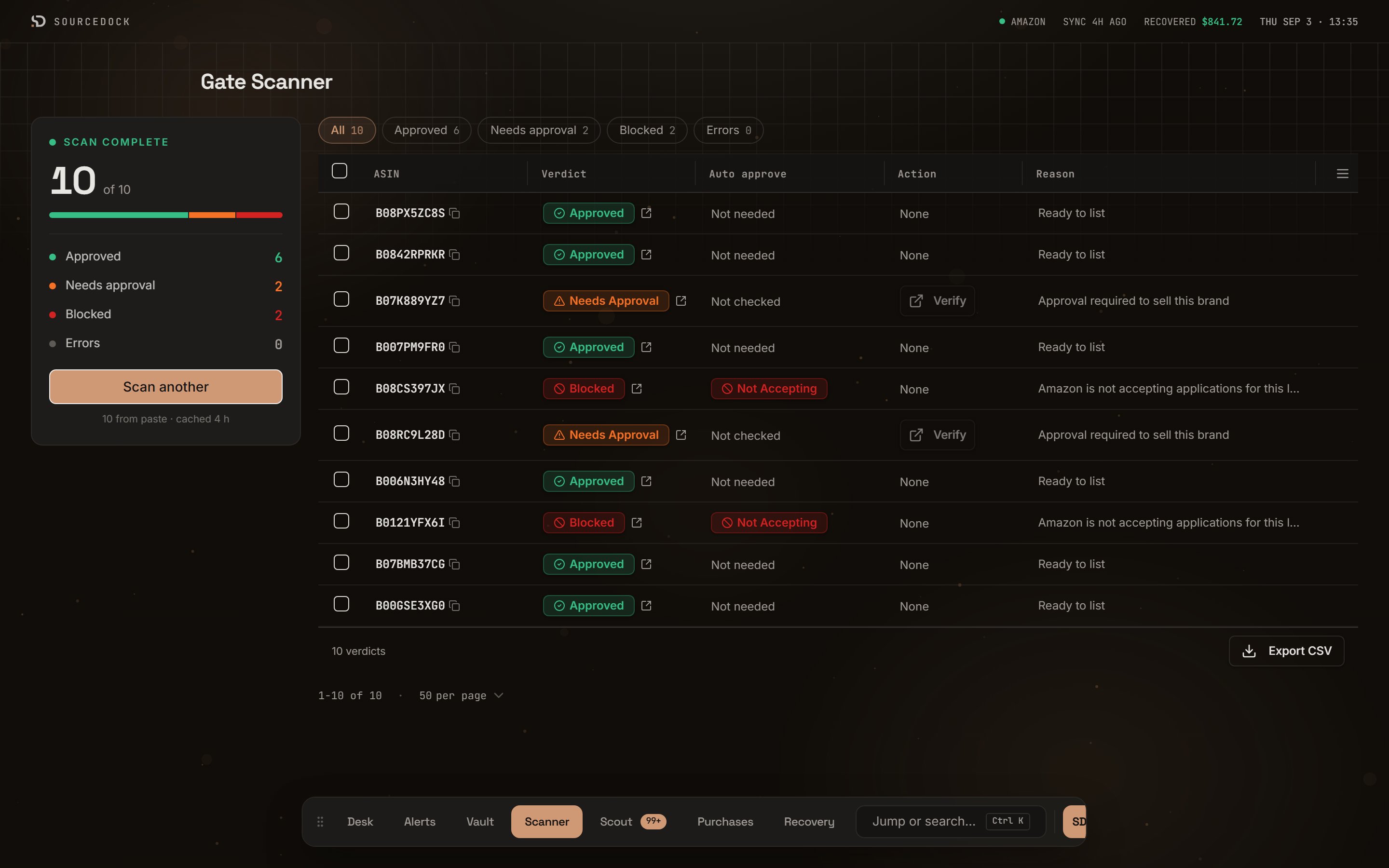 Gate Scanner results with filter chips for All, Approved, Needs approval, Blocked, and Errors above a table