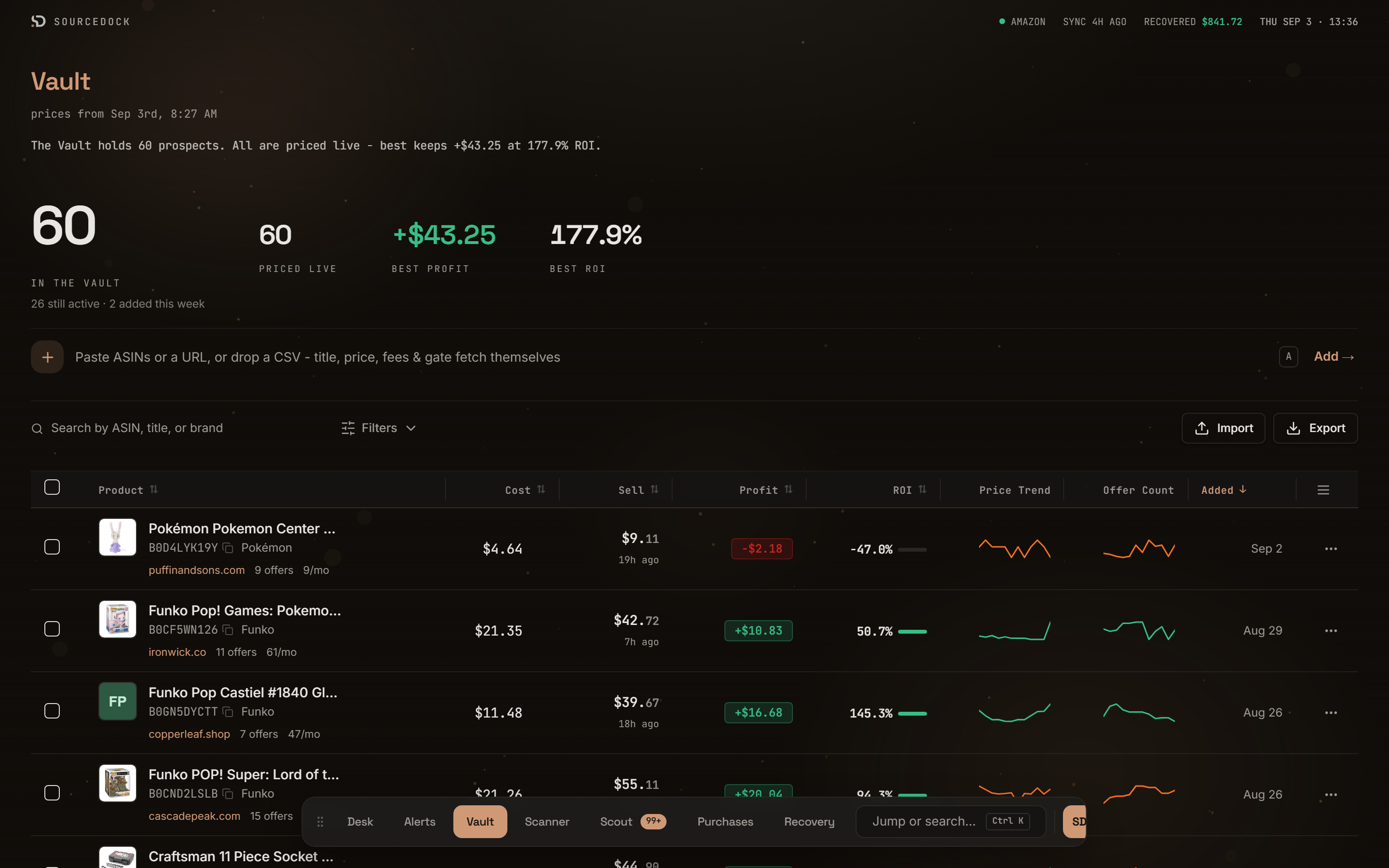 Prospect Vault page with headline figures, add bar, filter bar, and a table of prospects
